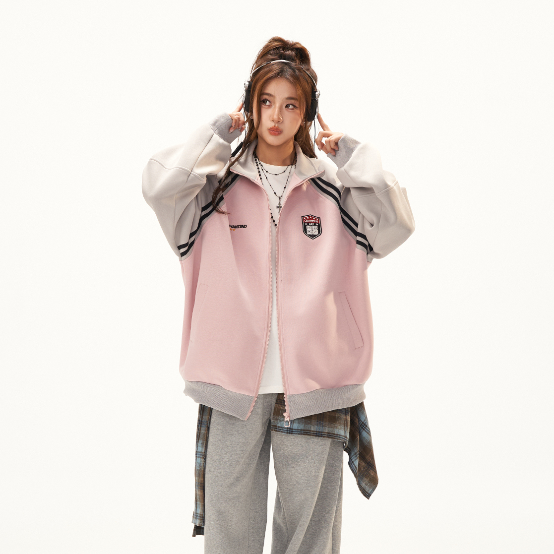 美式復古衛衣外套女秋冬季高級感拼接插肩袖衛衣開衫