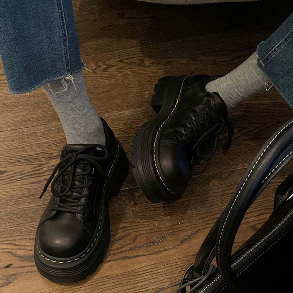 經典英倫風系帶圓頭百搭單鞋低跟德比小皮鞋女