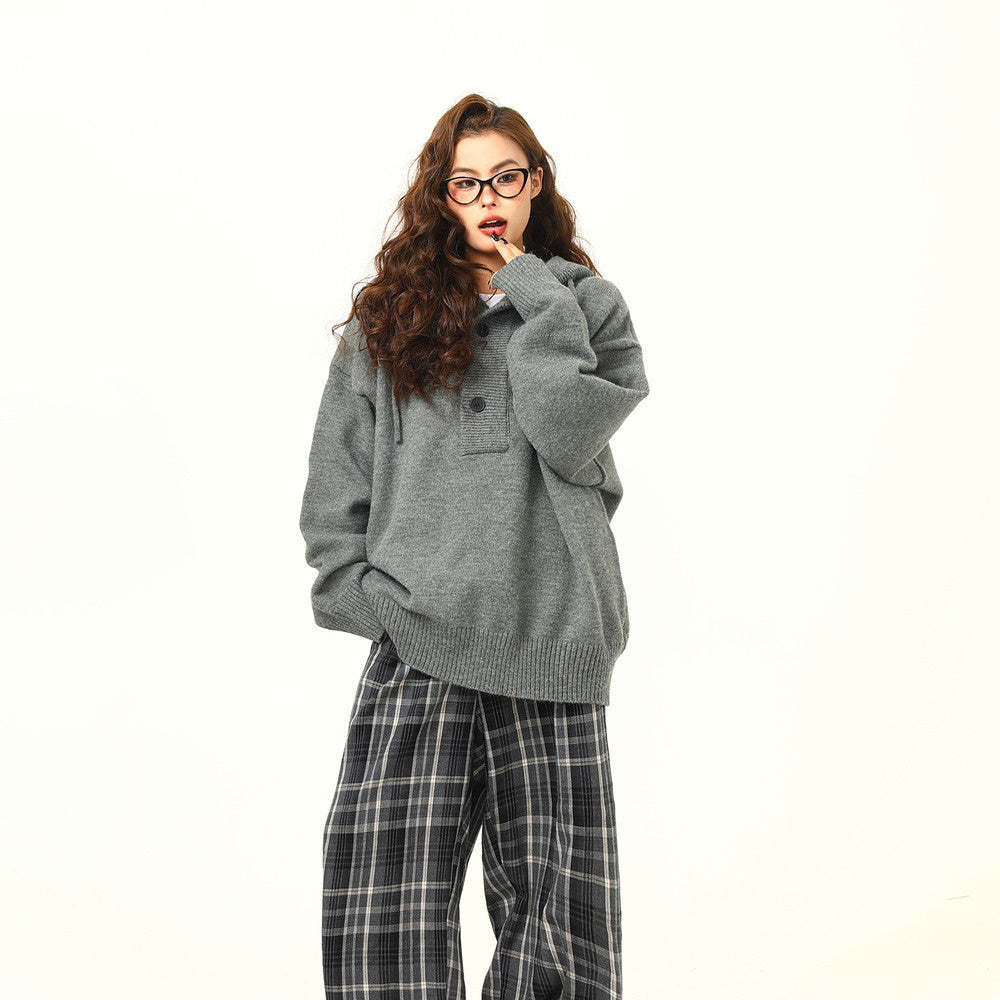 秋冬新品復古高級感灰色連帽毛衣女寬鬆慵懶風針織衫外套