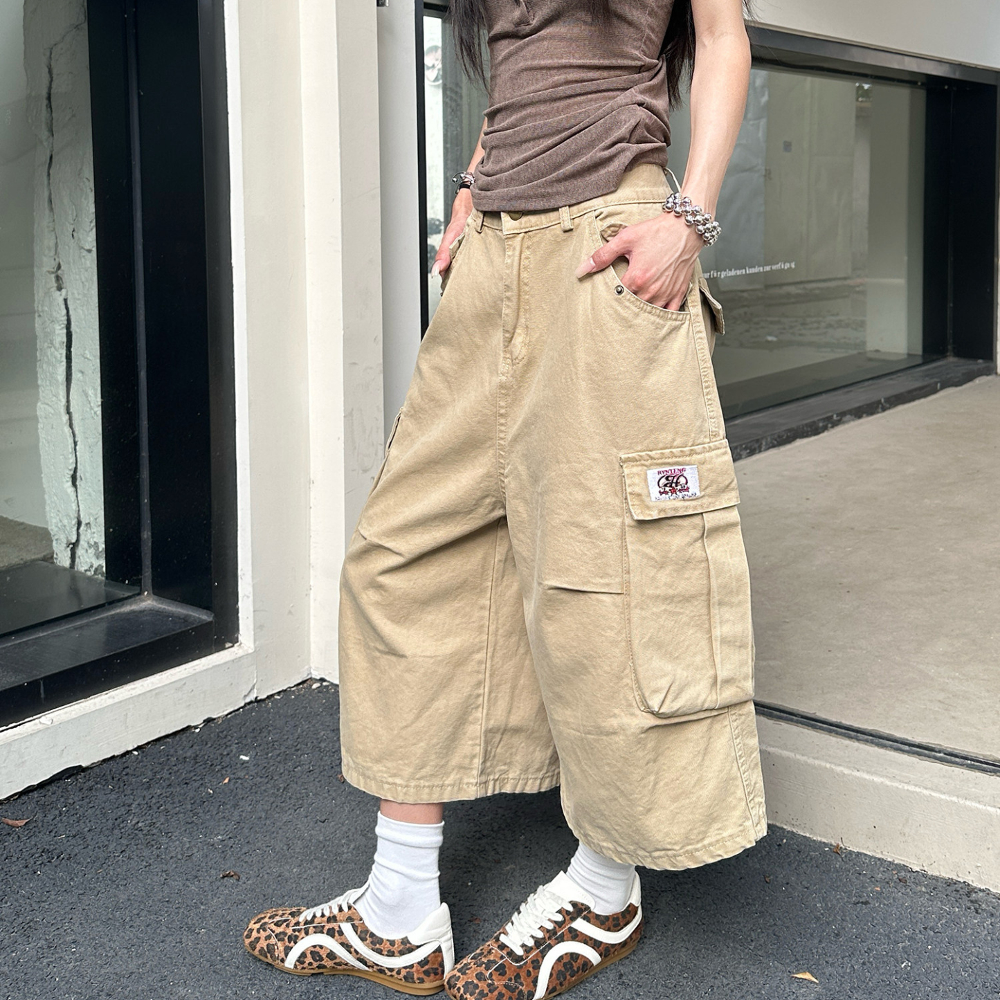 美式復古多口袋工裝褲女夏季七分褲潮寬鬆闊腿潮流短褲子