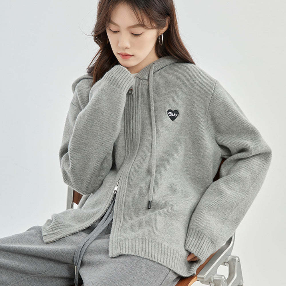 灰色連帽針織開衫外套女2024秋季新款寬鬆上衣