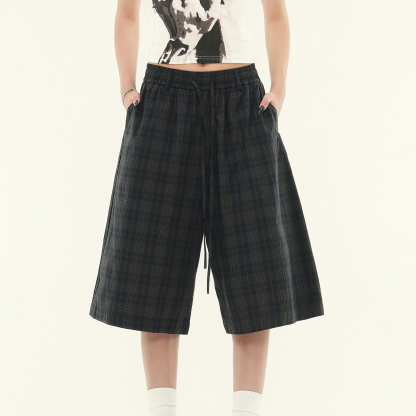 美式復古慵懶綠格紋鬆緊七分褲夏季寬鬆百搭格子褲女短褲