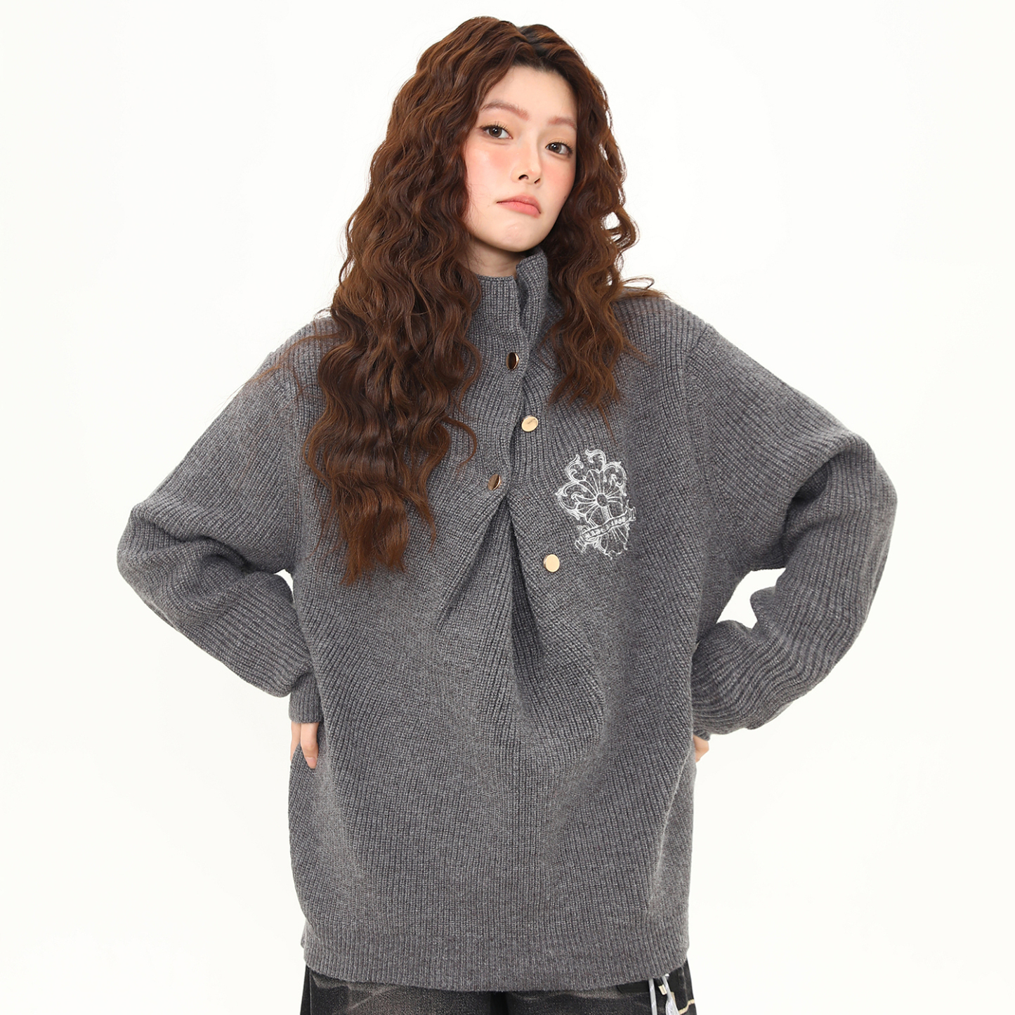 美式街頭不規則褶皺設計感高領毛衣女秋冬高智感針織衫