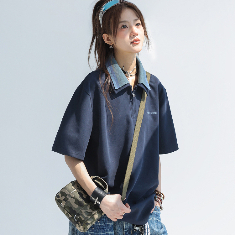 美式復古撞色拼接polo衫短袖t恤女2025新款寬鬆上衣