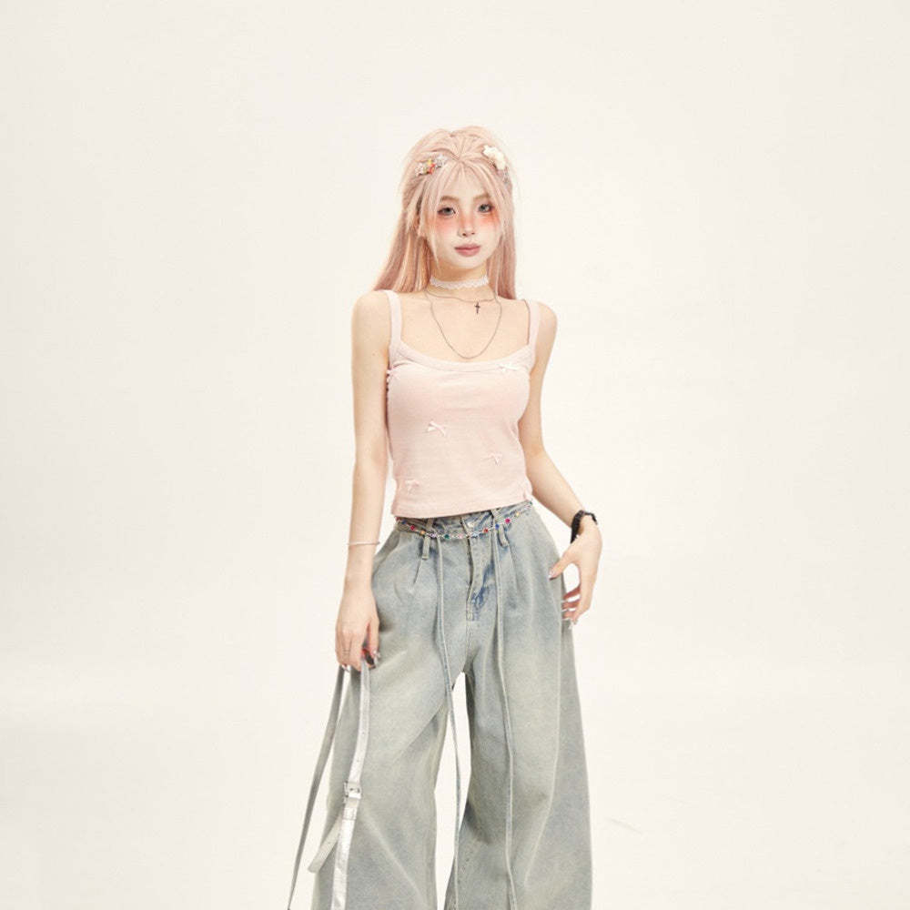 少女感粉色蝴蝶結條紋小吊帶女修身絕美背心2025新款外穿無袖上衣