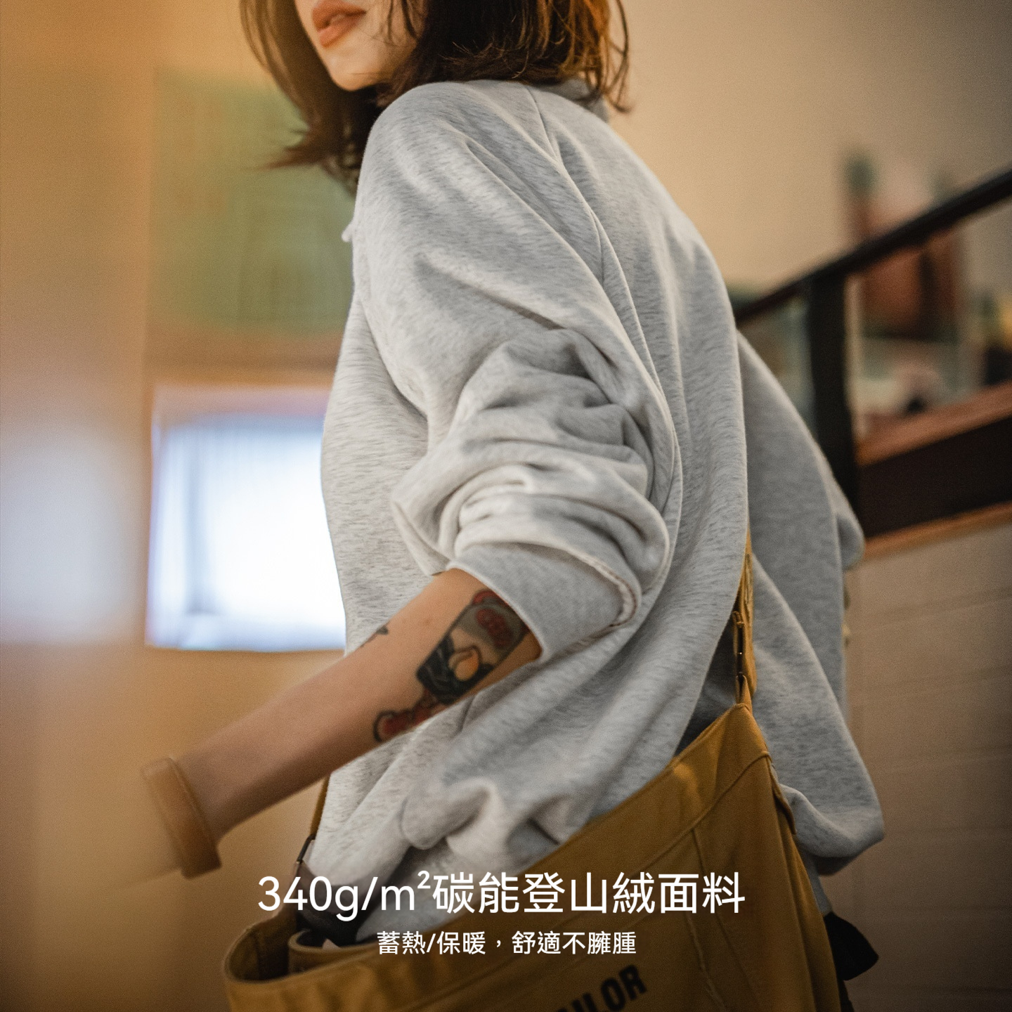 復古灰色翻領polo半拉鍊套頭加絨加厚長袖保暖衛衣外穿女秋冬