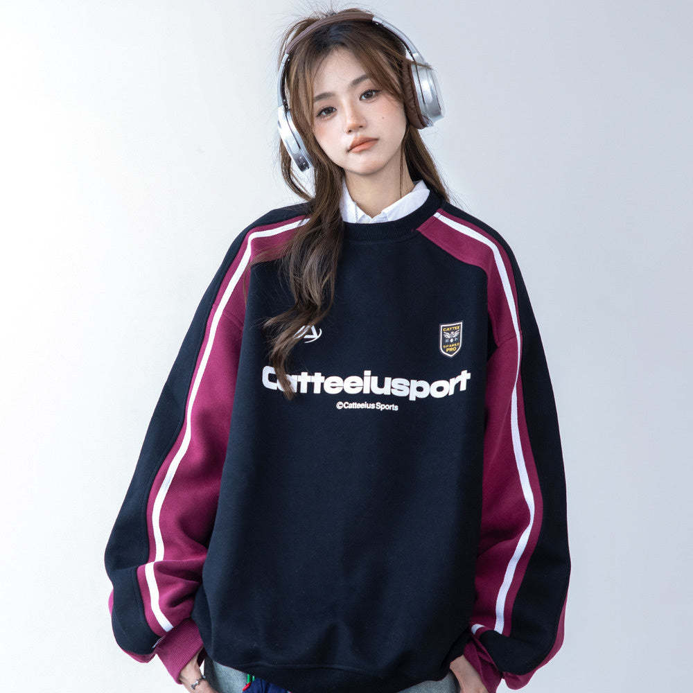 圓領衛衣女春秋oversize潮牌高級感印花拼色寬鬆上衣