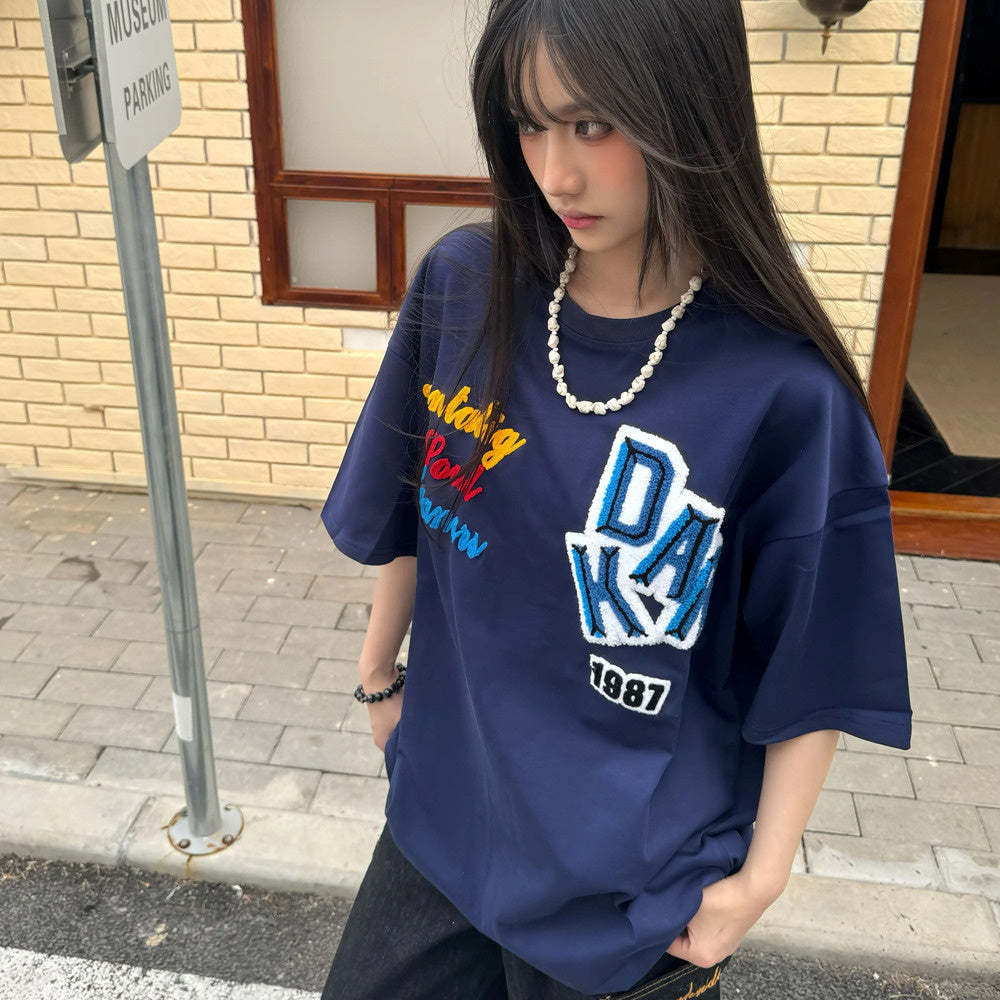 美式植絨字母印花短袖寬鬆夏季T恤女上衣半袖