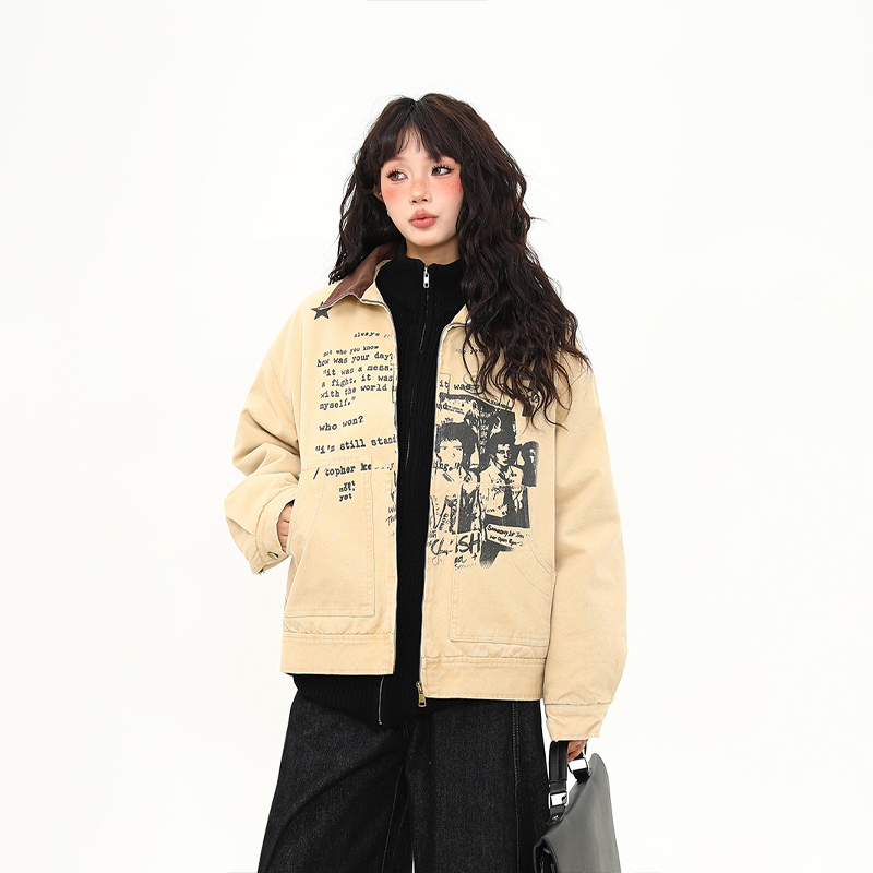 美式復古塗鴉印花羊羔絨夾克外套女冬季加厚保暖上衣