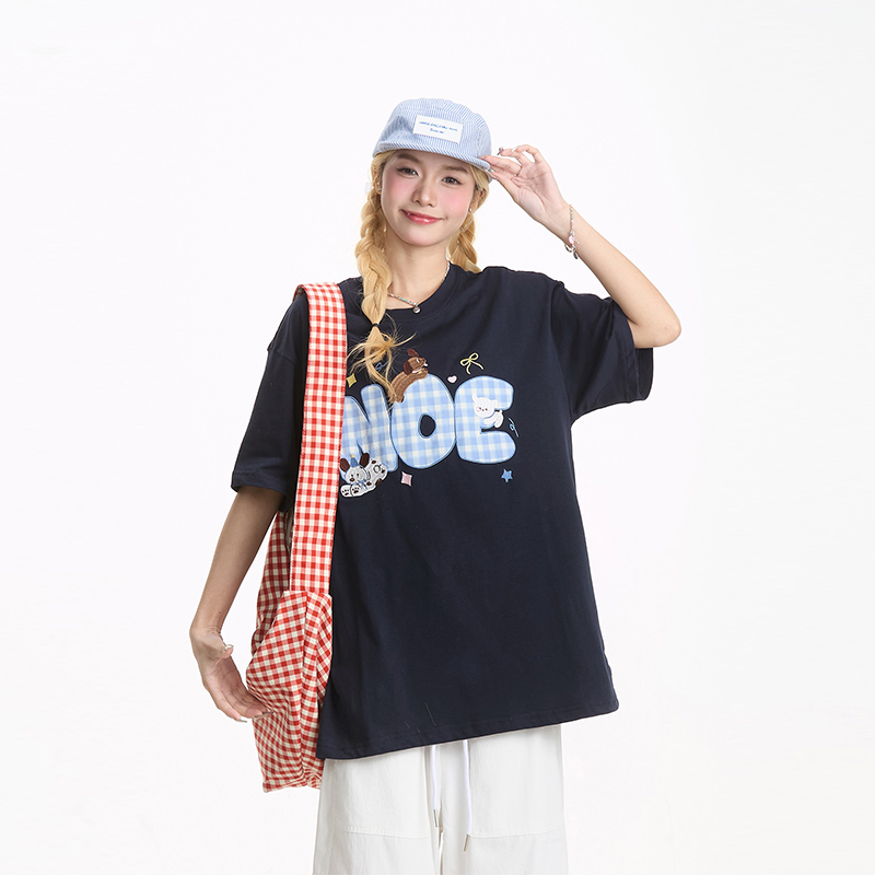 可愛小狗格子刺繡短袖T恤女美式潮牌甜酷寬鬆百搭休閒上衣