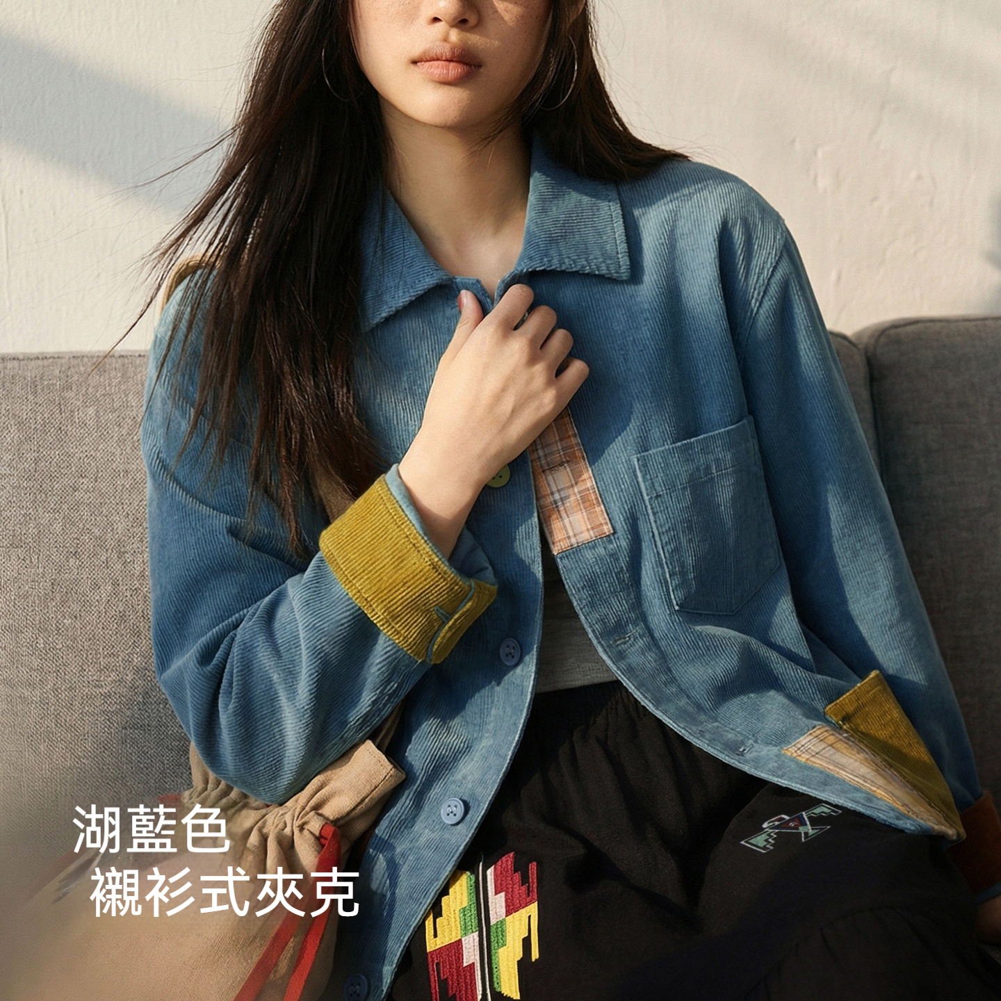 復古藍撞色拼接襯衫夾克全純棉燈芯絨翻領薄外套上襯衣女士春