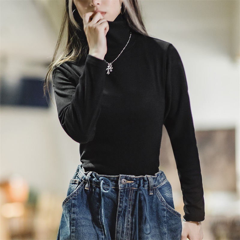 馬登女裝 黑色緊身半高領打底衫仿德絨內搭上衣修身針織長袖T恤秋冬女