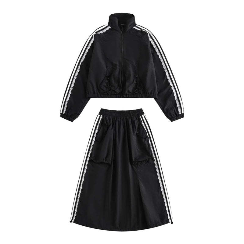 休閒運動套裝女chic條紋拼接蕾絲邊外套小個子韓系寬鬆慵懶半身裙