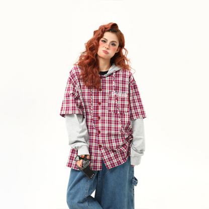 早秋新款假兩件連帽格子長袖襯衫女復古寬鬆百搭外穿襯衣