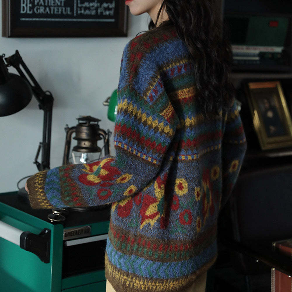 復古提花圓領套頭針織衫寬鬆慵懶風毛衣女秋冬