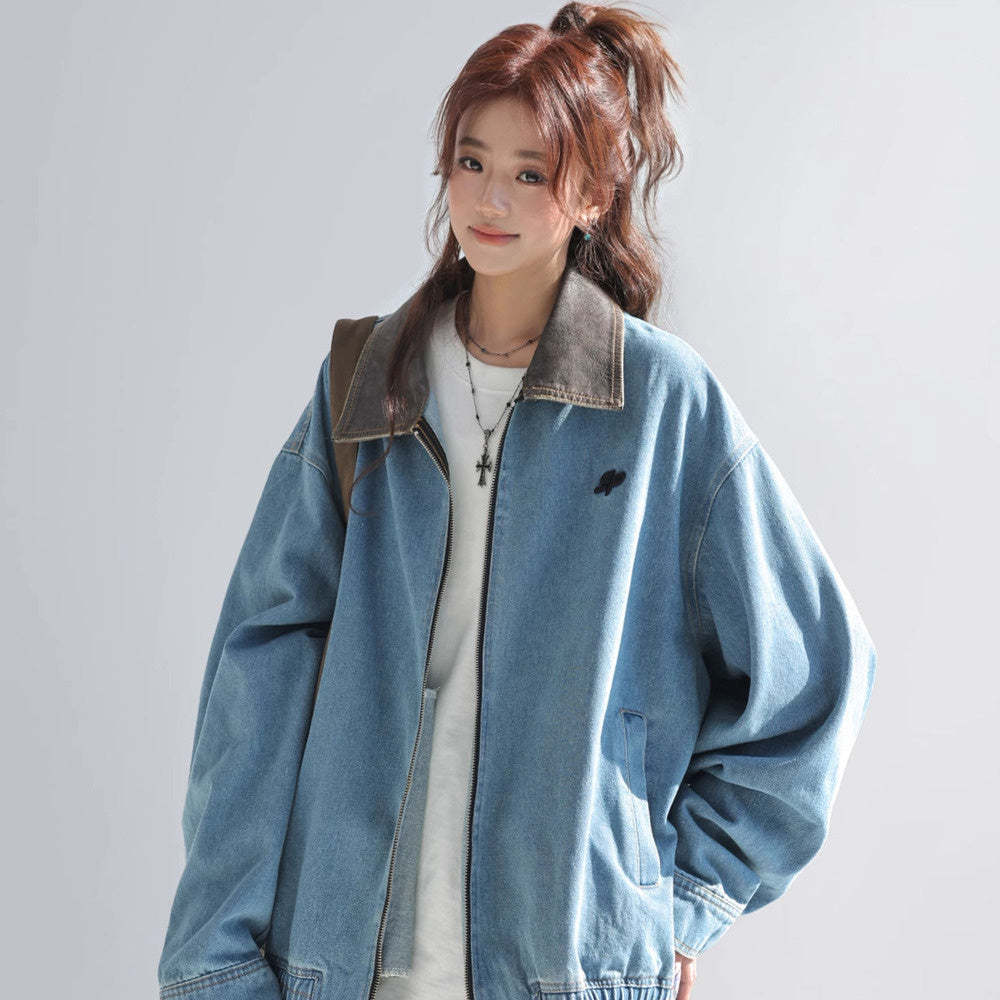 美式復古pu拼皮翻領牛仔外套女小個子短款牛仔衣夾克