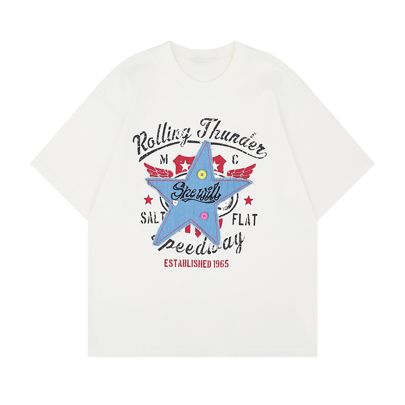 美式復古星星貼布刺繡短袖T恤女寬鬆百搭上衣