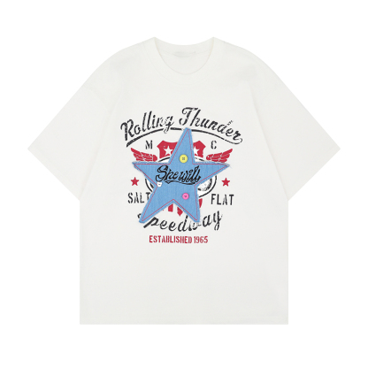 美式復古星星貼布刺繡短袖T恤女寬鬆百搭上衣