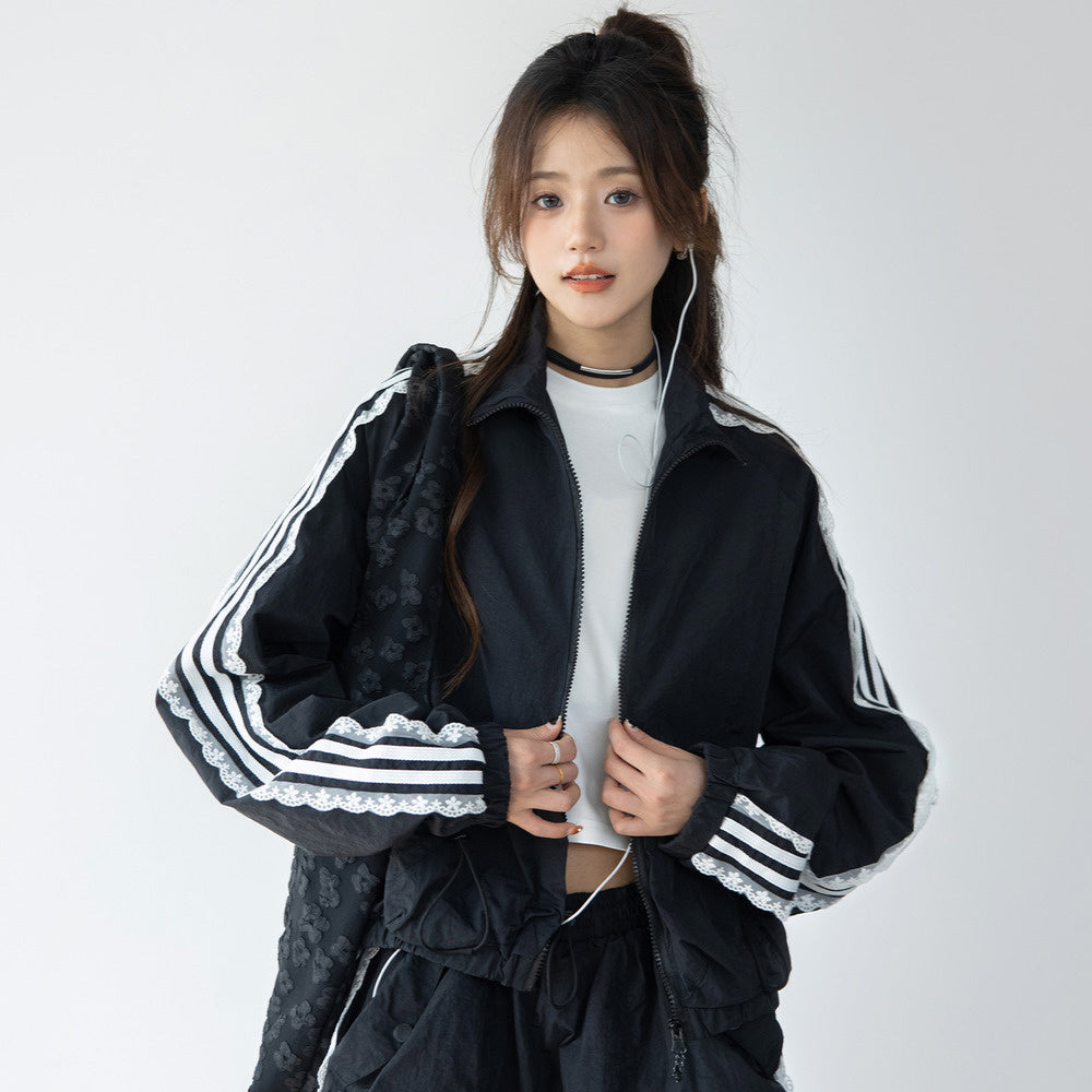 休閒運動套裝女chic條紋拼接蕾絲邊外套小個子韓系寬鬆慵懶半身裙