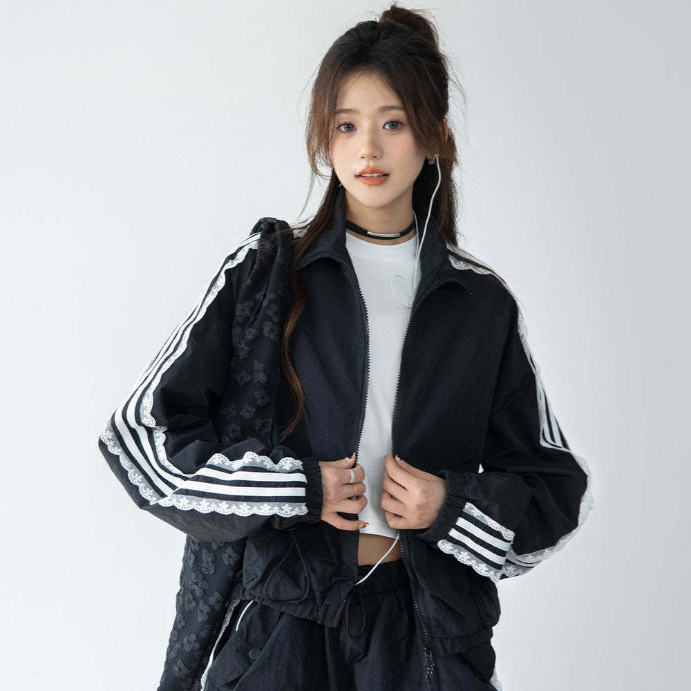 休閒運動套裝女chic條紋拼接蕾絲邊外套小個子韓系寬鬆慵懶半身裙