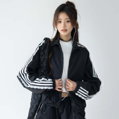 休閒運動套裝女chic條紋拼接蕾絲邊外套小個子韓系寬鬆慵懶半身裙