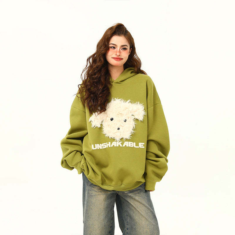 美式復古毛絨小狗刺繡連帽衛衣女秋冬百搭休閒寬鬆外套