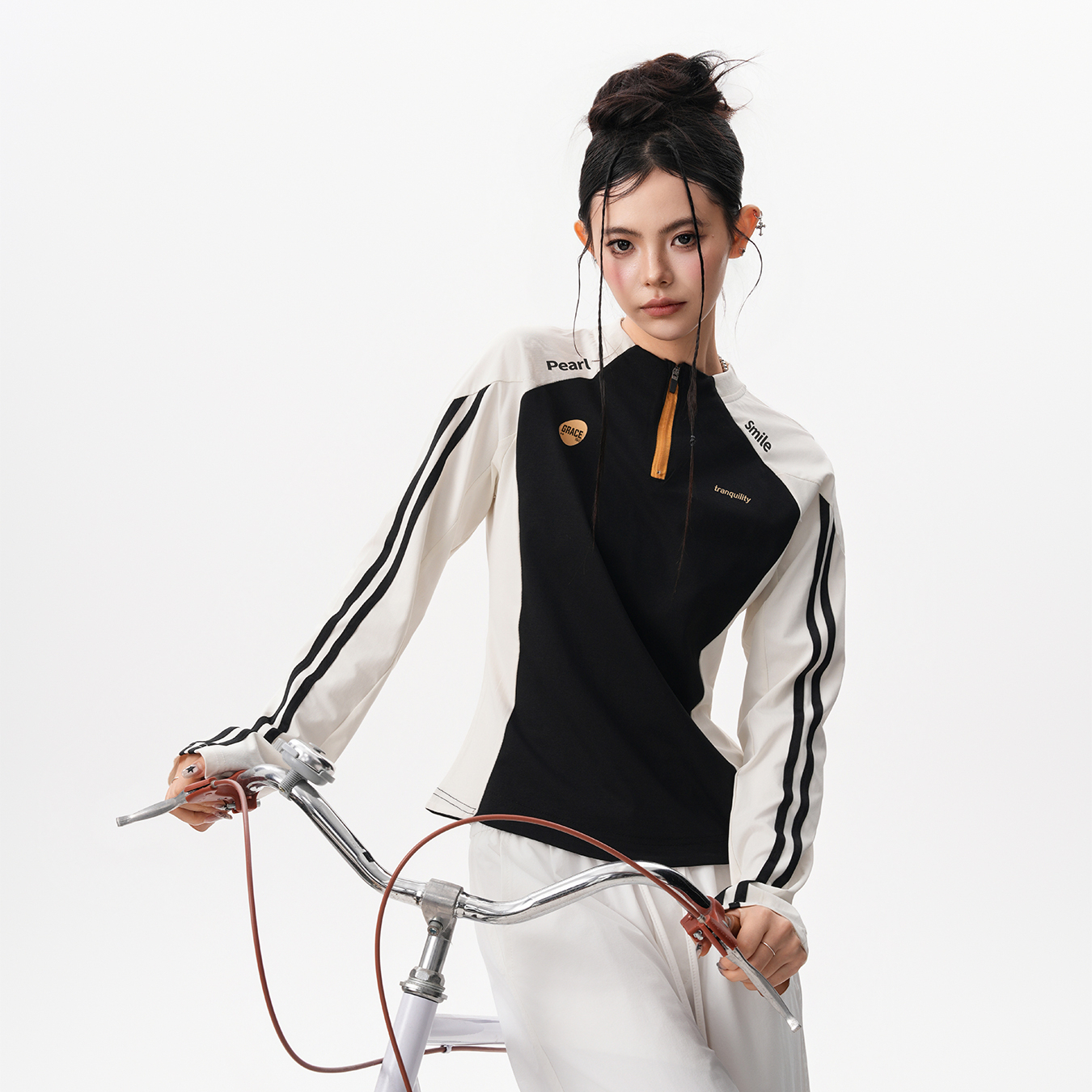 速幹輕薄騎行服女秋季撞色半拉鍊長袖T恤戶外健身訓練運動上衣