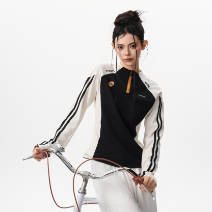 速幹輕薄騎行服女秋季撞色半拉鍊長袖T恤戶外健身訓練運動上衣