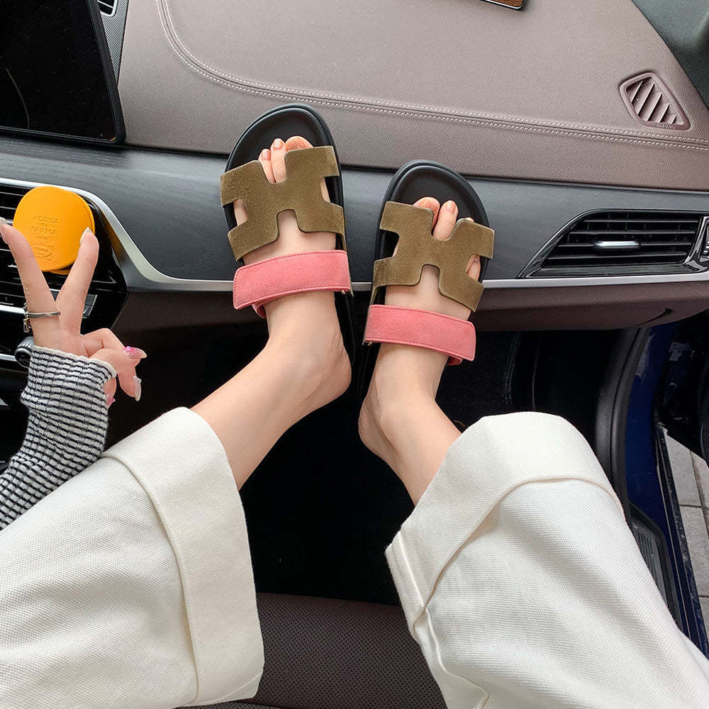 真皮魔術貼休閒厚底H拖鞋女涼拖外穿夏