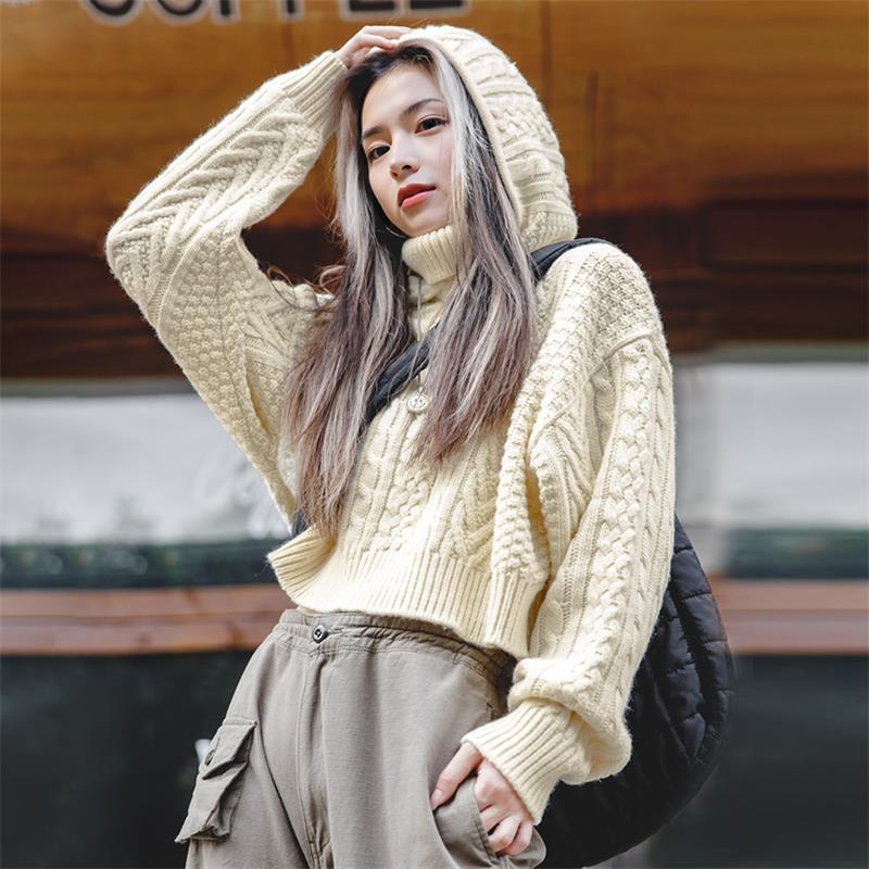 馬登女裝 美式復古連帽高領毛衣秋冬外穿短款堆堆帽針織衫設計感