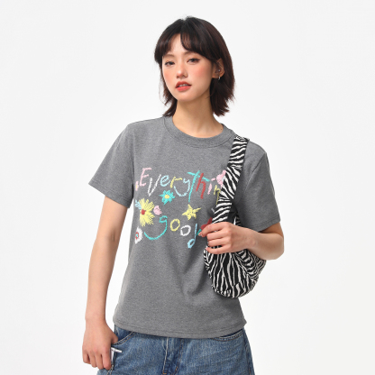 復古花朵設計感正肩T恤女夏季休閒圓領微寬鬆短款短袖