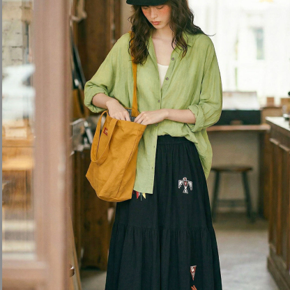 綠色仿天絲垂感輕薄款翻領寬鬆休閒長袖襯衫外套襯上衣女士春