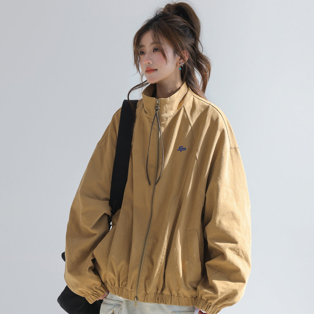 巴恩風立領外套女春秋小個子短款美式復古工裝夾克