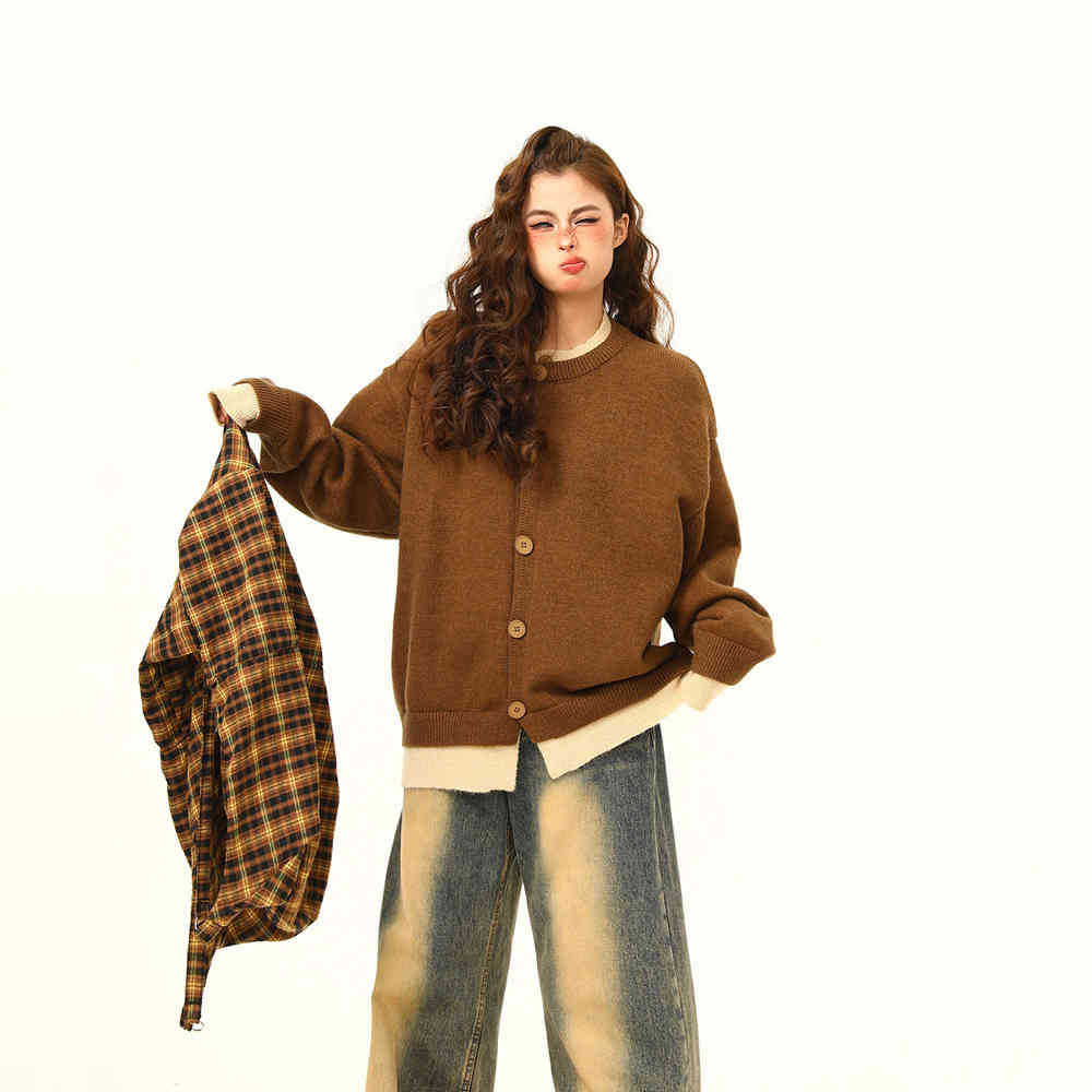 美式復古假兩件針織衫毛衣女秋冬美拉德慵懶寬鬆上衣