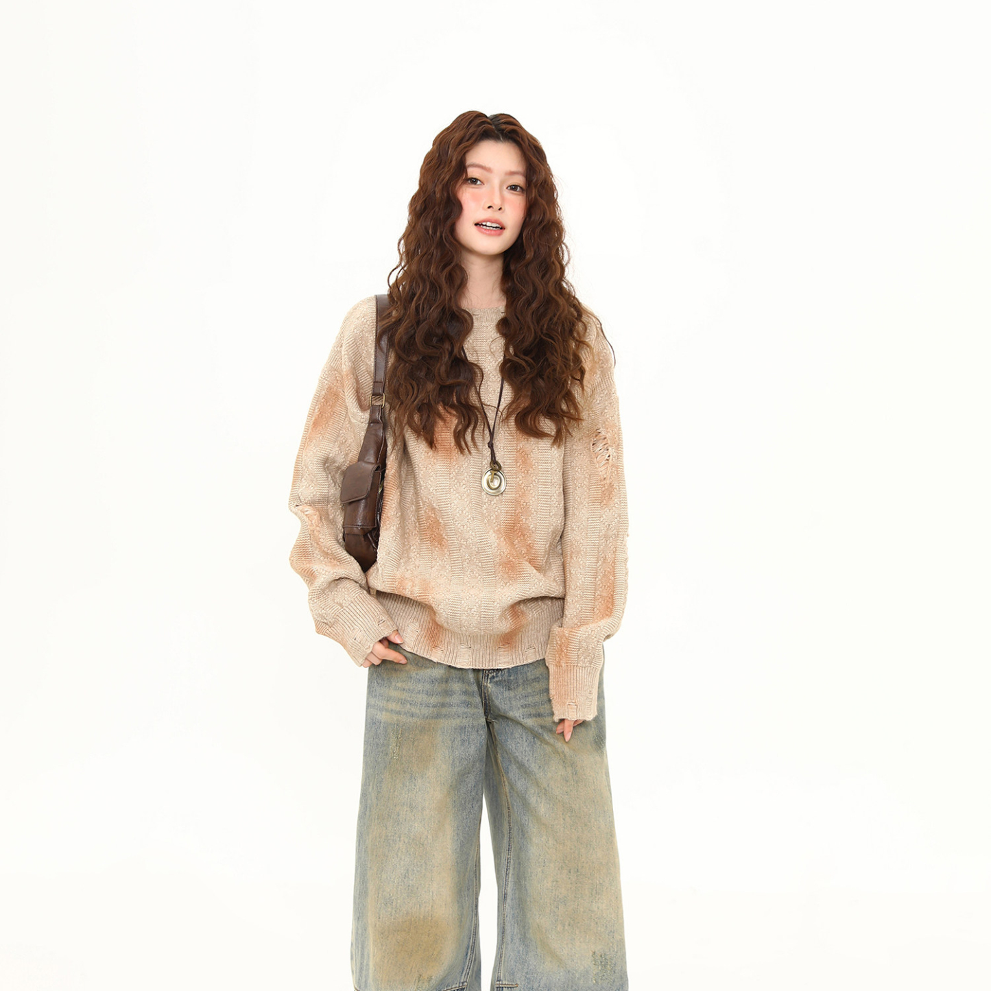 美式復古噴繪紮染毛衣女秋冬新款慵懶風套頭寬鬆針織衫