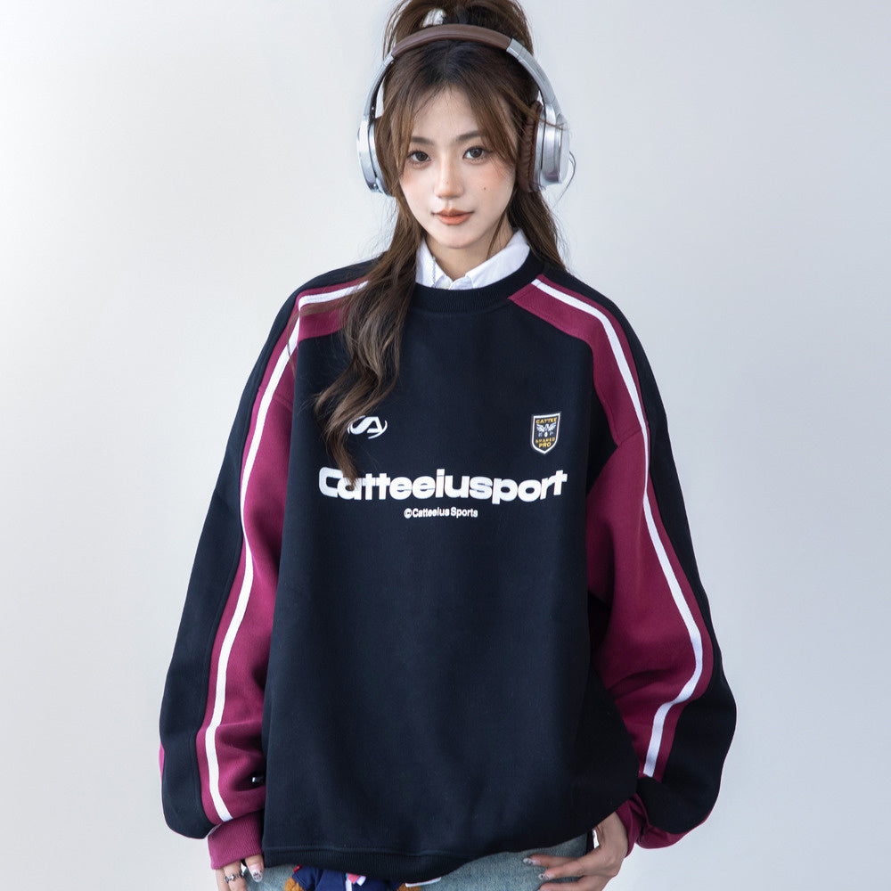 圓領衛衣女春秋oversize潮牌高級感印花拼色寬鬆上衣