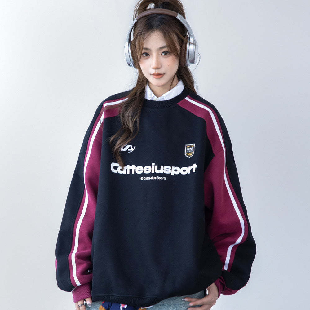 圓領衛衣女春秋oversize潮牌高級感印花拼色寬鬆上衣