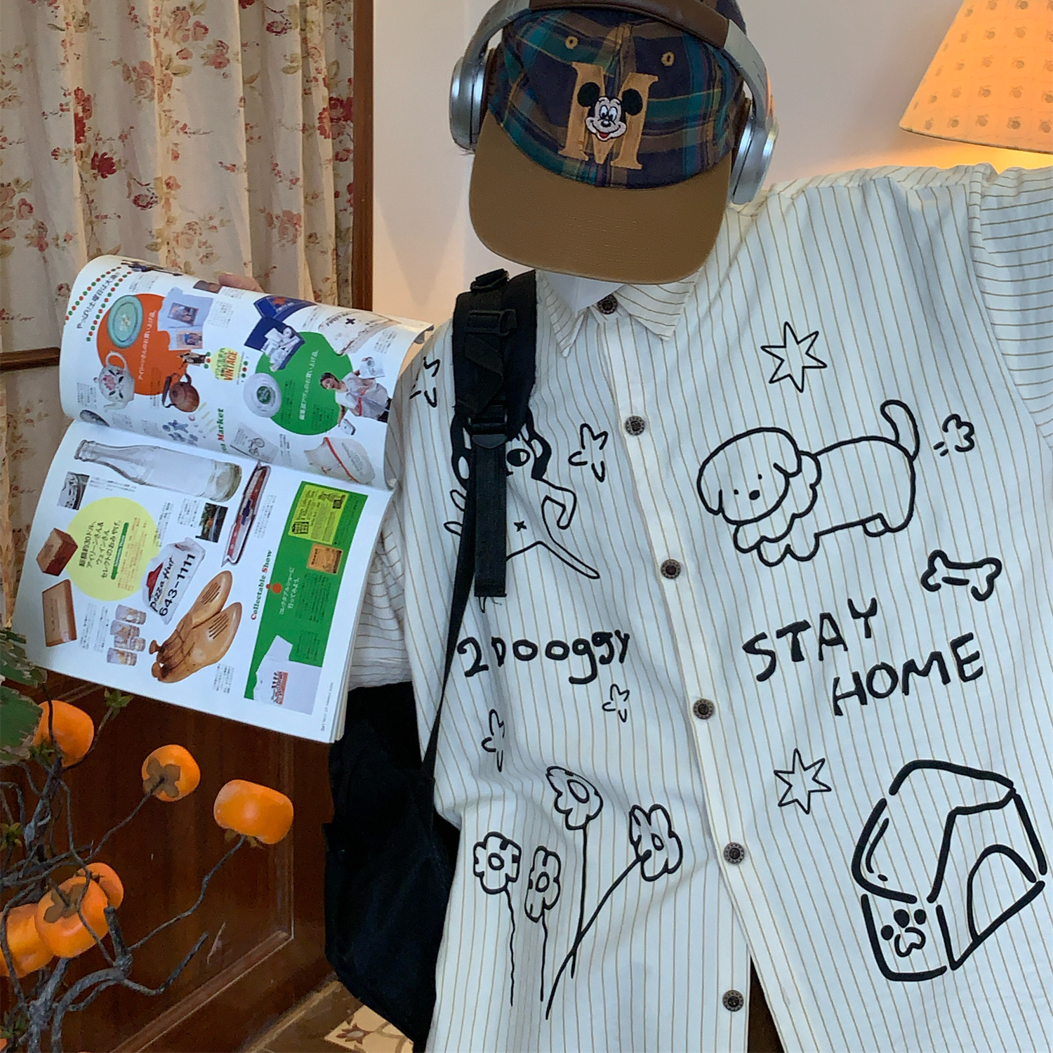 美式復古條紋短袖襯衫夏季寬鬆小狗百搭寬鬆上衣