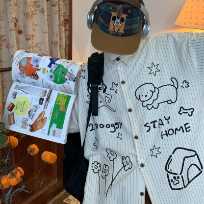 美式復古條紋短袖襯衫夏季寬鬆小狗百搭寬鬆上衣