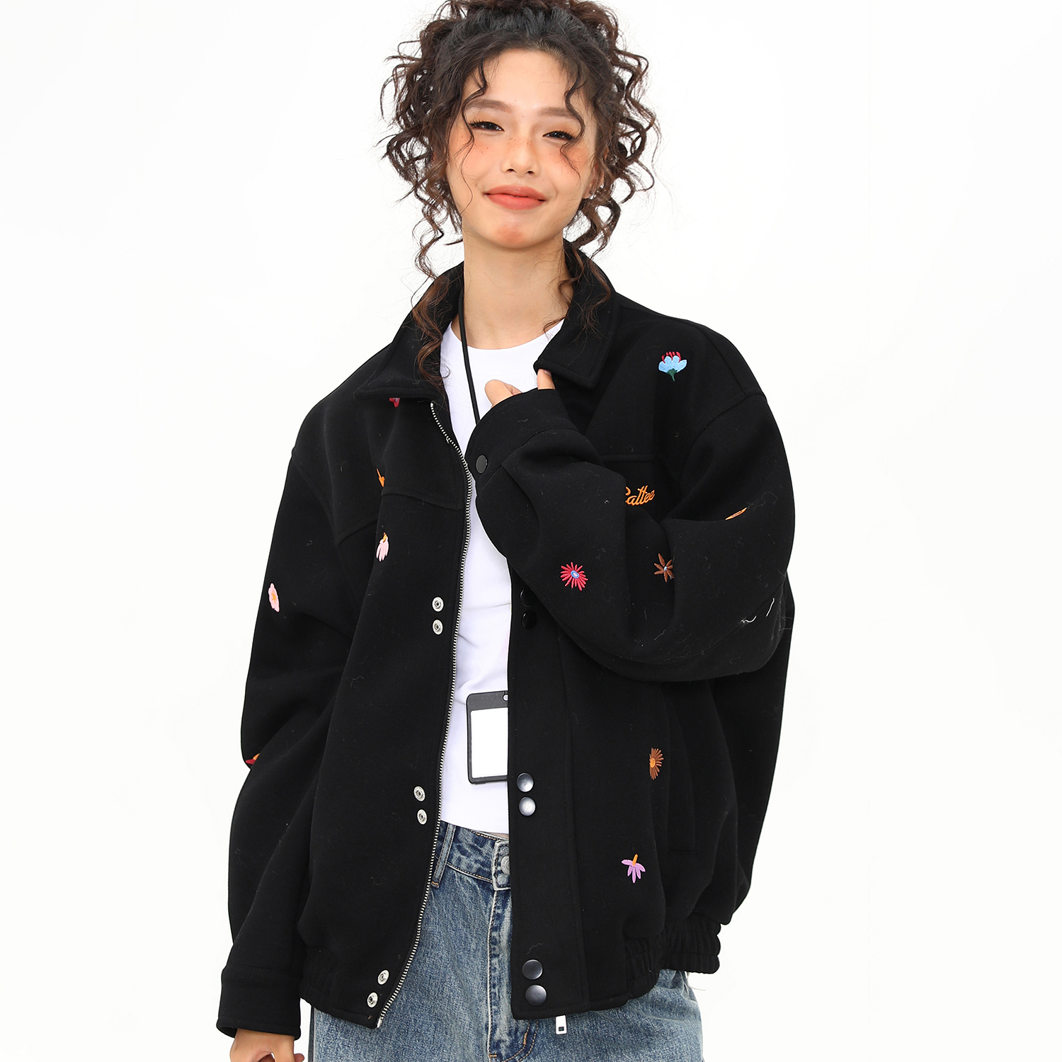 秋冬新款美式復古刺繡小標夾克外套女百搭翻領上衣