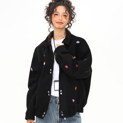 秋冬新款美式復古刺繡小標夾克外套女百搭翻領上衣