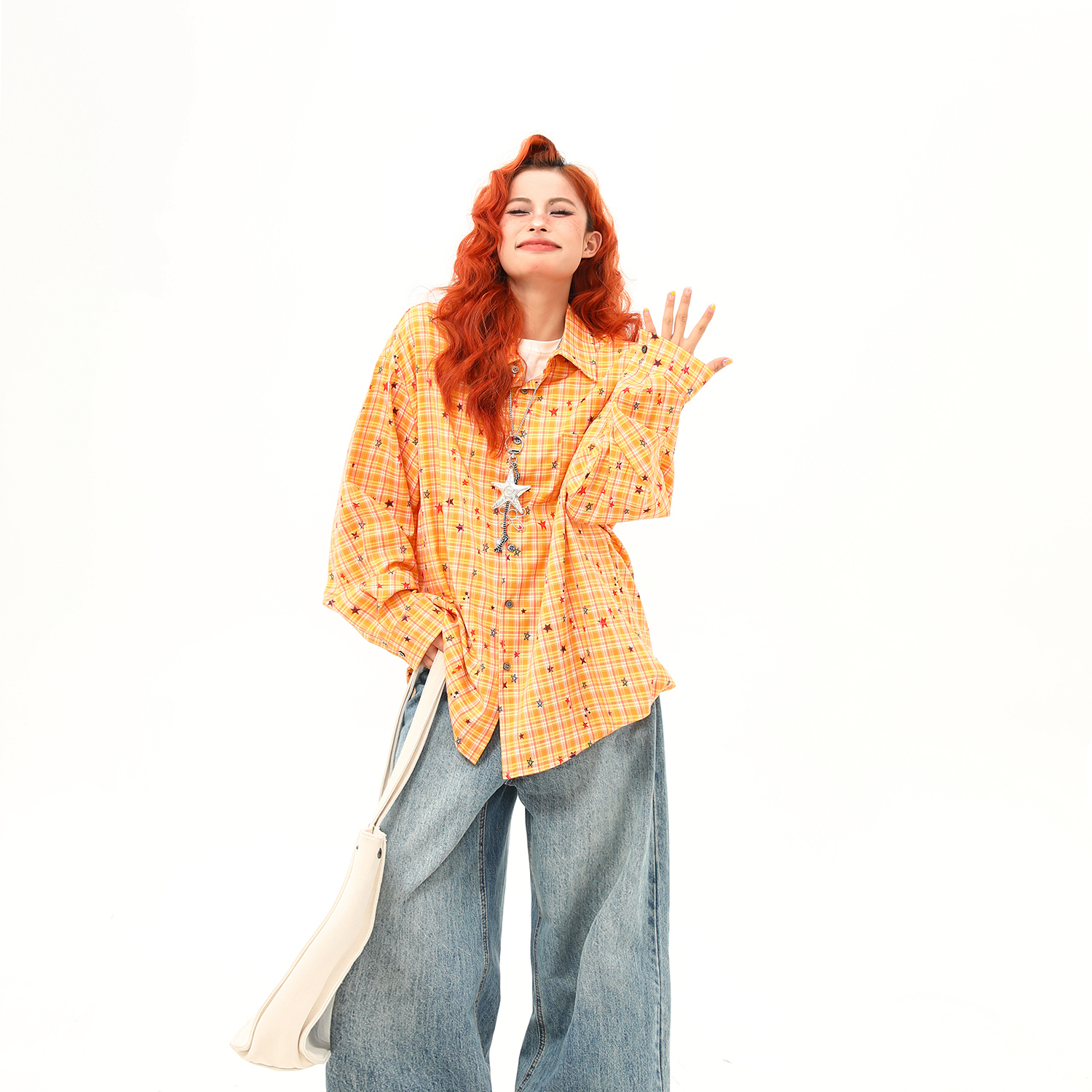 秋季新款滿印星星復古長袖襯衫女設計感黃色格紋襯衣