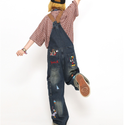 美式卡通米奇刺繡背帶褲女夏季寬鬆vibe連體拖地牛仔褲