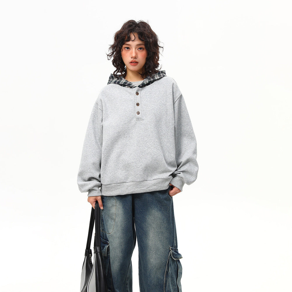 春季新款美式復古格子拼接假兩件連帽衛衣女寬鬆百搭