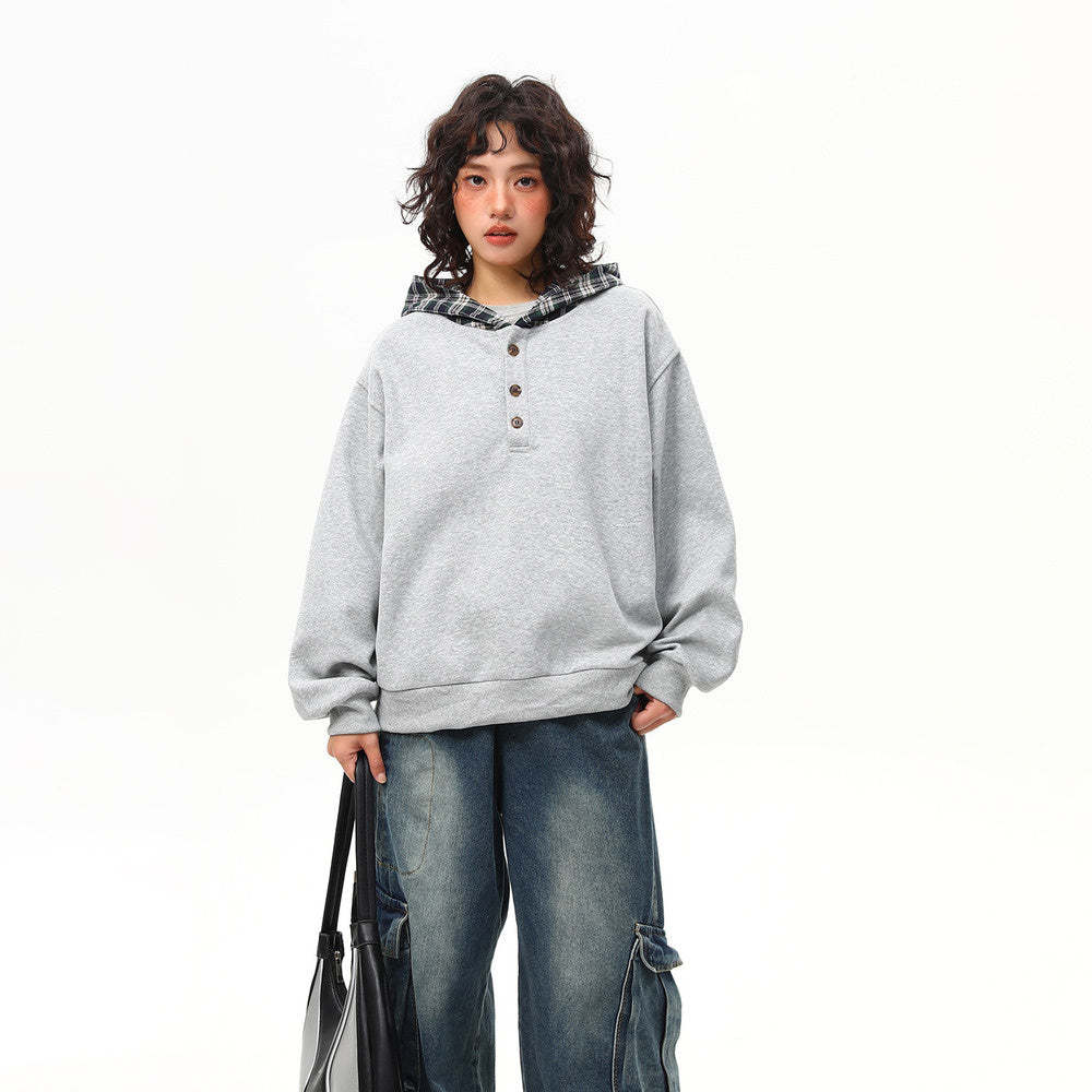 春季新款美式復古格子拼接假兩件連帽衛衣女寬鬆百搭