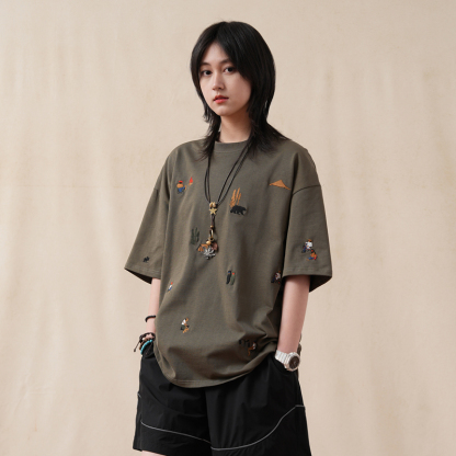 美式潮牌卡通刺繡短袖t恤女寬鬆純棉重磅ins半袖女上衣