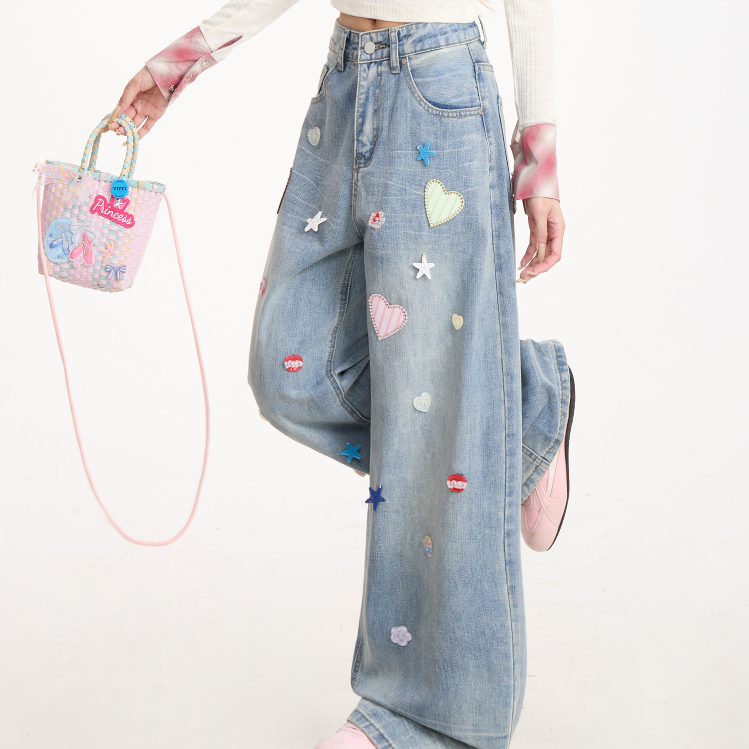 愛心貼布星星紐扣裝潢牛仔褲女復古做舊水洗闊腿直筒褲子