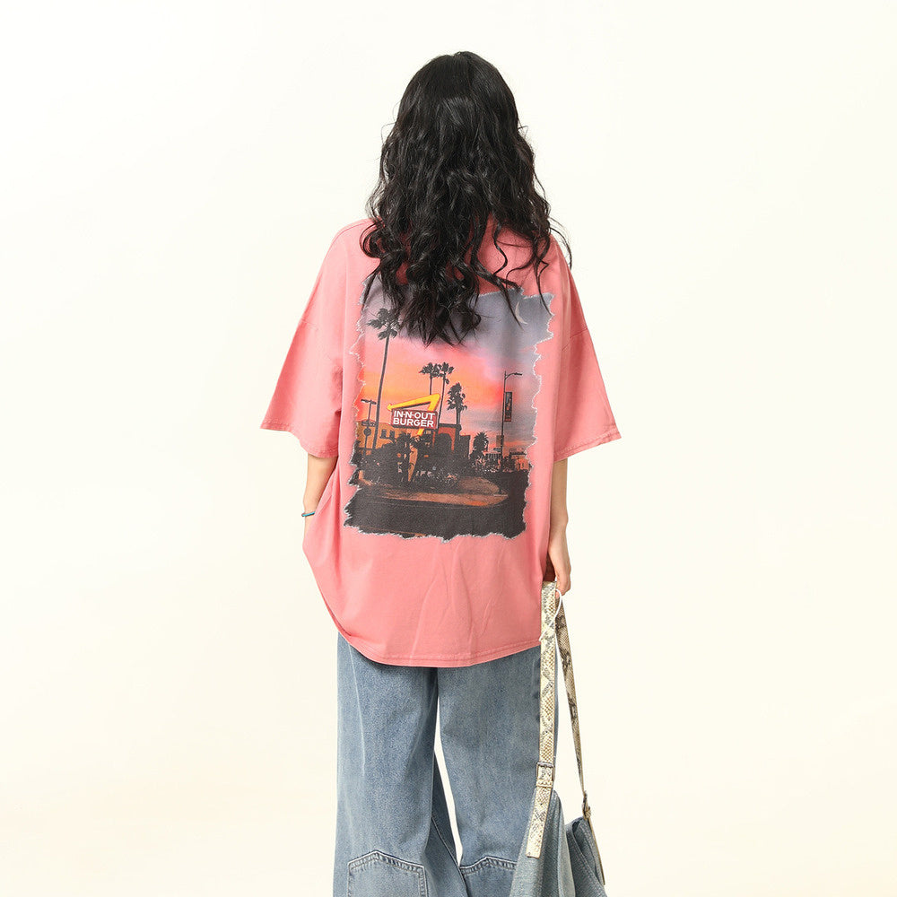 美式復古街頭風景印花短袖T恤女夏季寬鬆百搭上衣