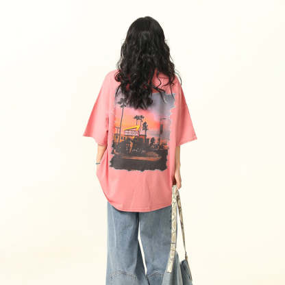 美式復古街頭風景印花短袖T恤女夏季寬鬆百搭上衣
