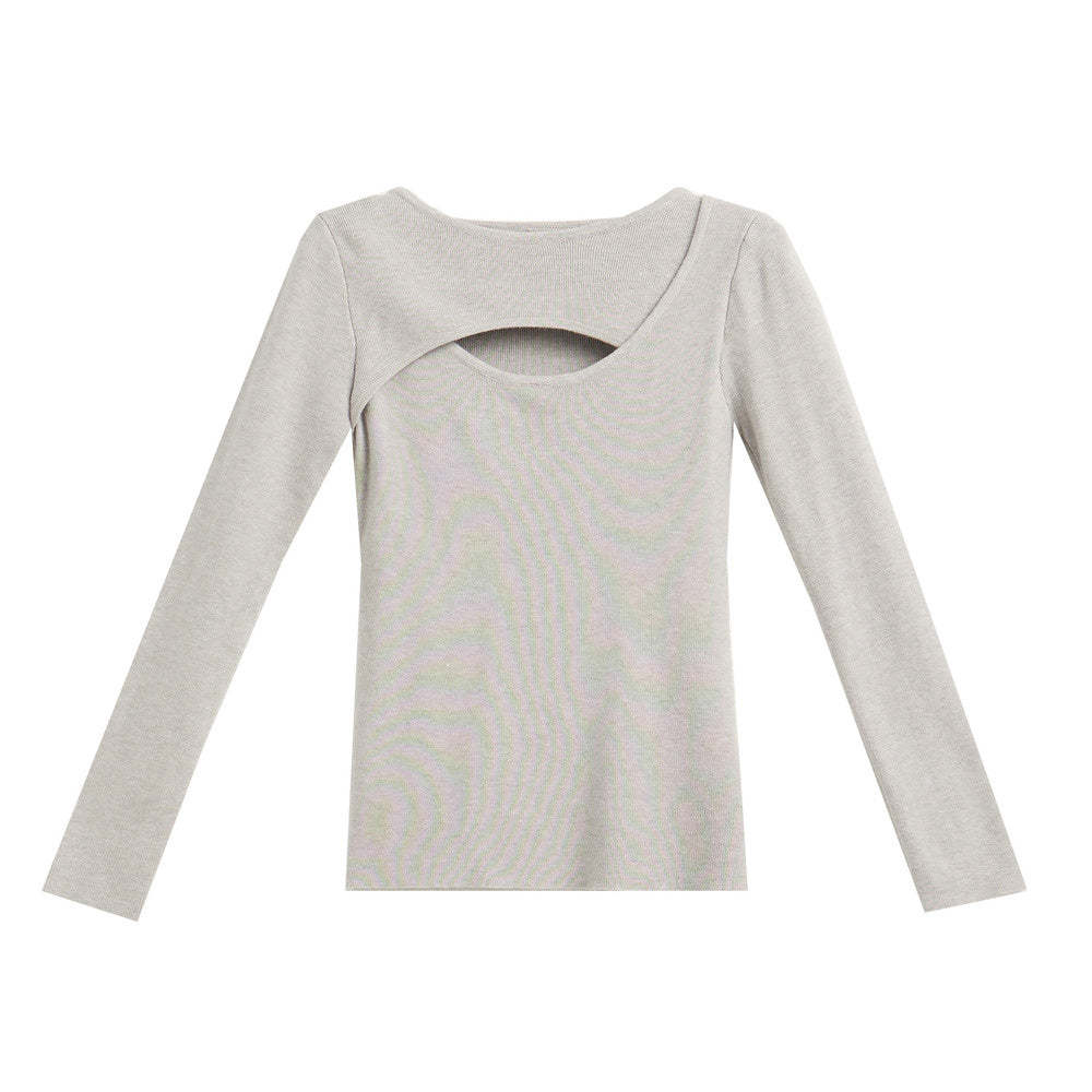 鏤空正肩長袖針織衫女早秋春秋季修身收腰內搭打底衫短款毛衣